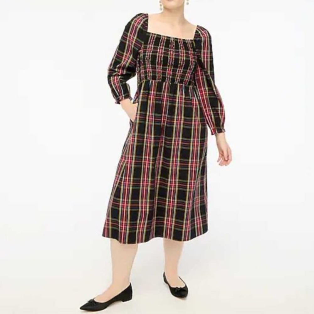 J.Crew Midi Dress Women S Tartan Plaid Smocked Square Neck Long Sleeve BM070 New - Picture 2 of 10